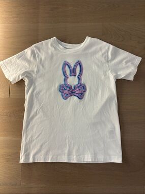Psycho Bunny White Tee with Blue and Pink Bunny Logo